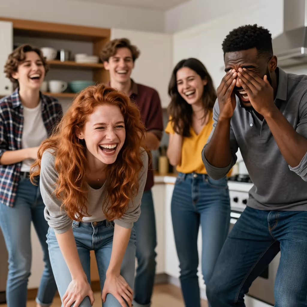 Visual example for biegen: sich biegen vor Lachen